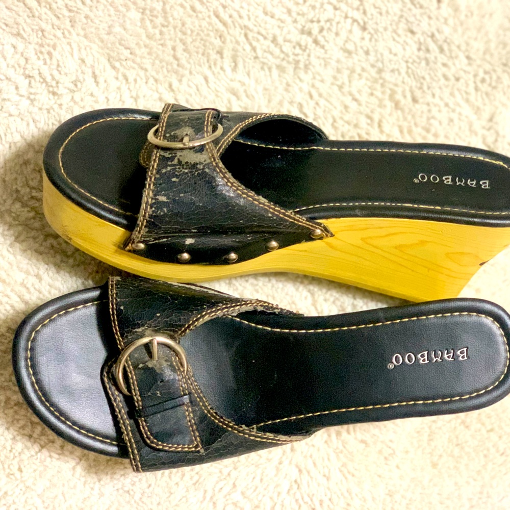 Black leather bamboo wedge sandal 10